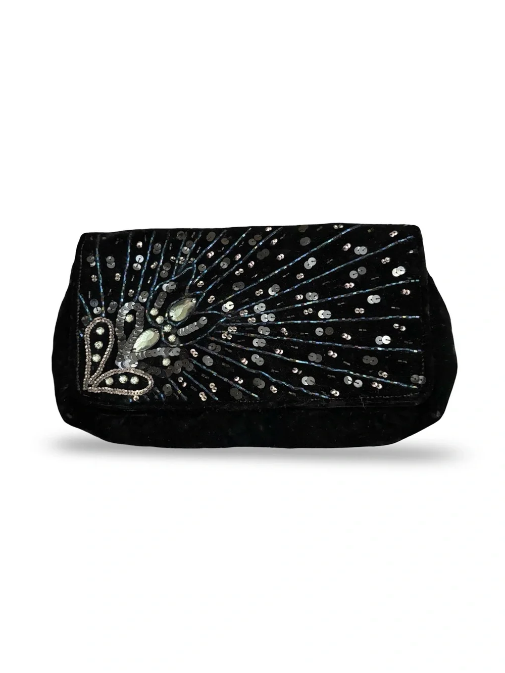 Ipa-Nima Black Beaded Peacock Clutch Evening Bag Embellished Velvet Handmade